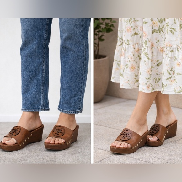Tory Burch Shoes - 🤩 Modern VTG Tory Burch Leather Clog Wedge Sandals - Camel